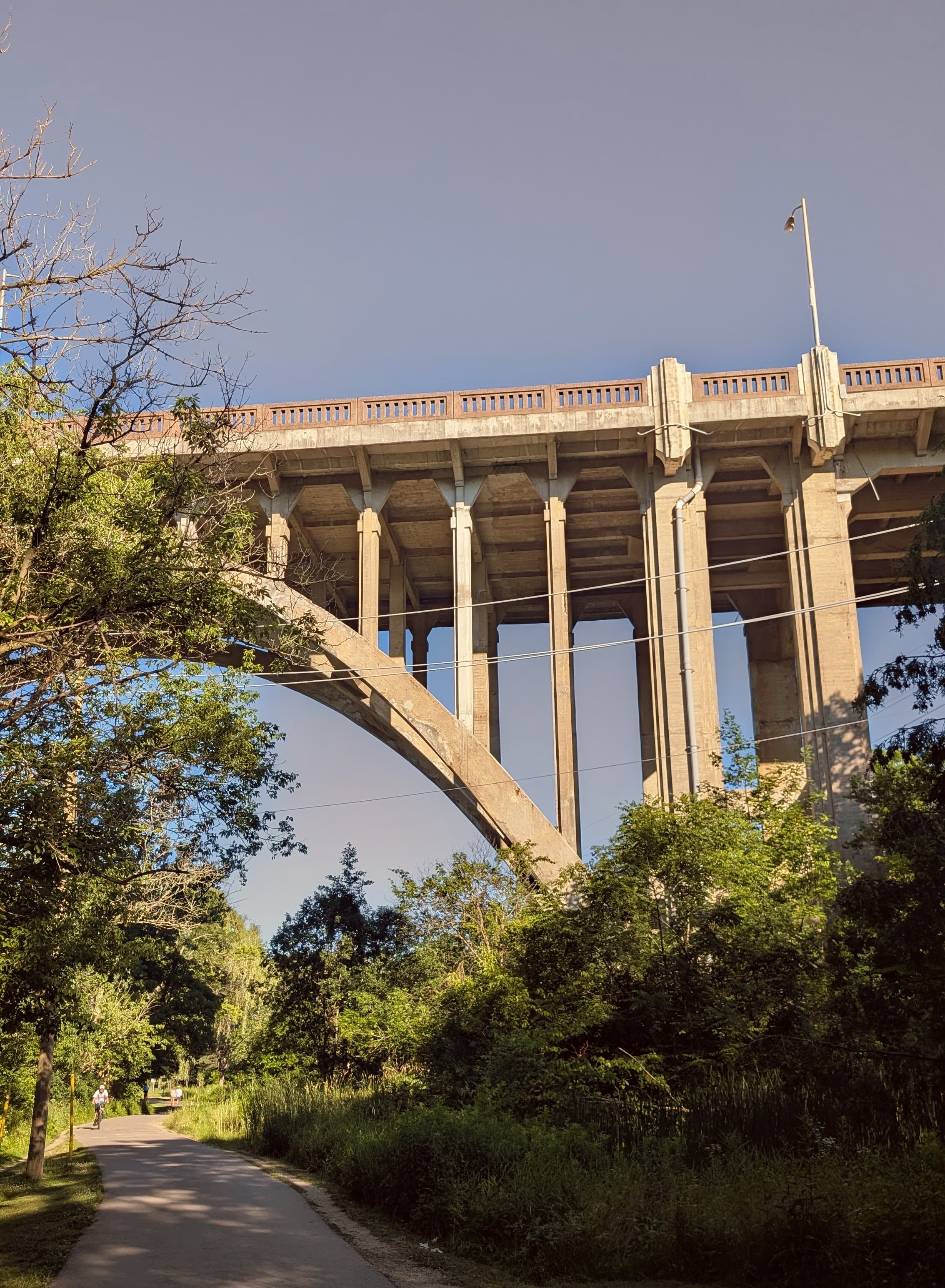 Concrete arch bridge crossing above a wooded ravine trail